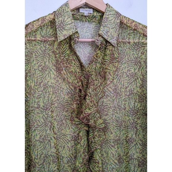 Louis Feraud Vintage Green Yellow Ruffle Front Blouse - Picture 4 of 6
